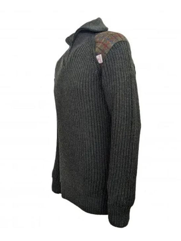 Chunky Knit 5 Gauge Quarter Zip With Harris Tweed patches Moss Green