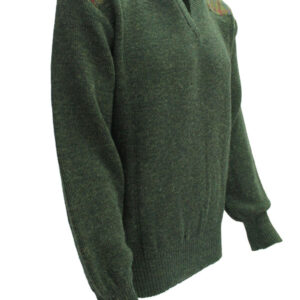 Vee neck sweater with Harris Tweed patches Mossgreen