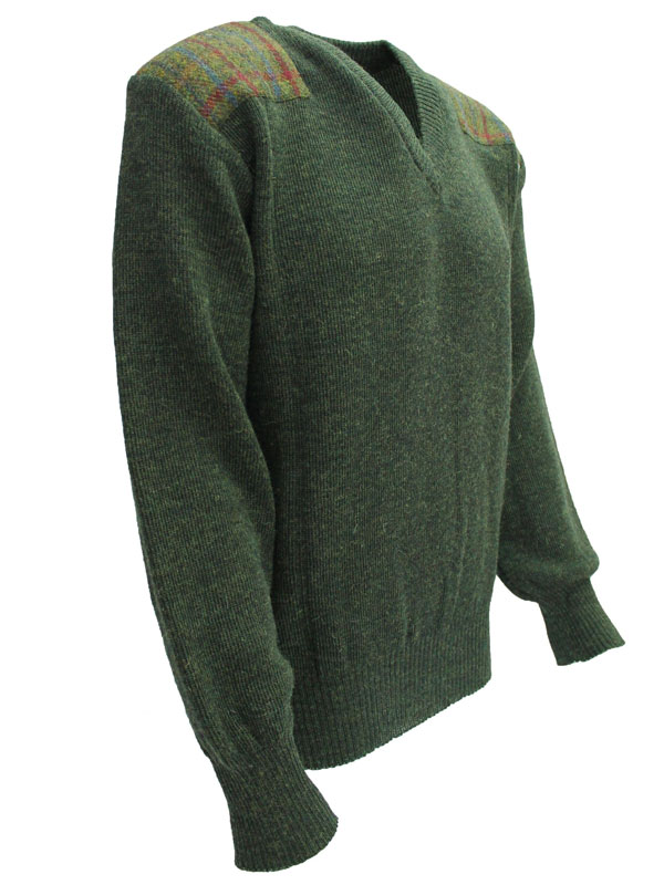 Vee neck sweater with Harris Tweed patches Mossgreen