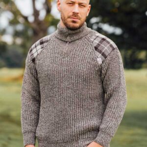 Zip sweater with Harris Tweed patches Natural