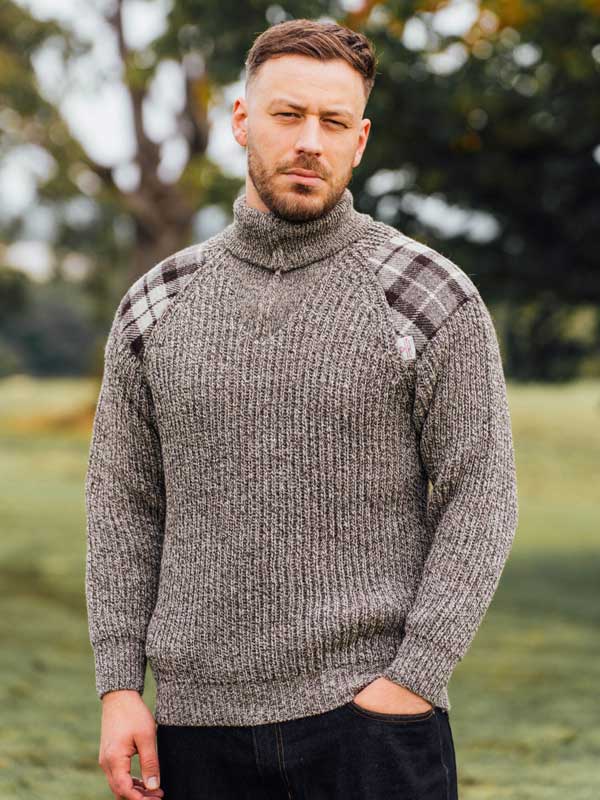 Zip sweater with Harris Tweed patches Natural