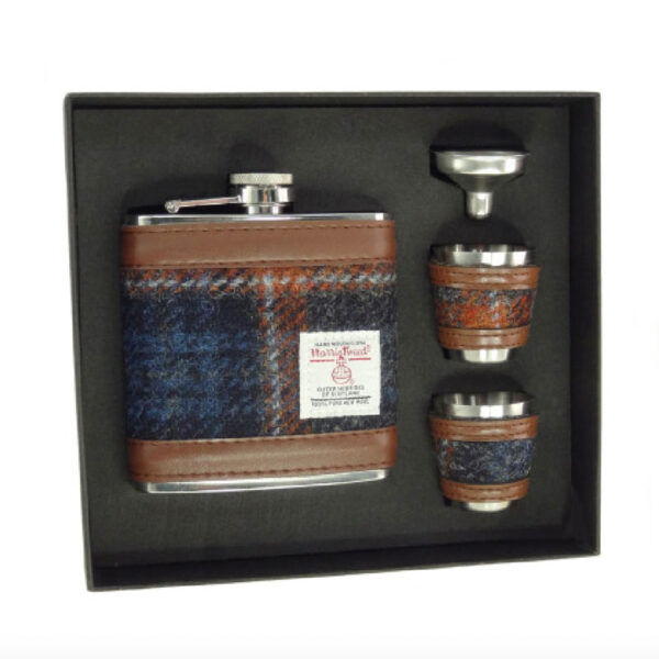 Harris Tweed Hip Flask Gift Set in Grey With Rust Overcheck
