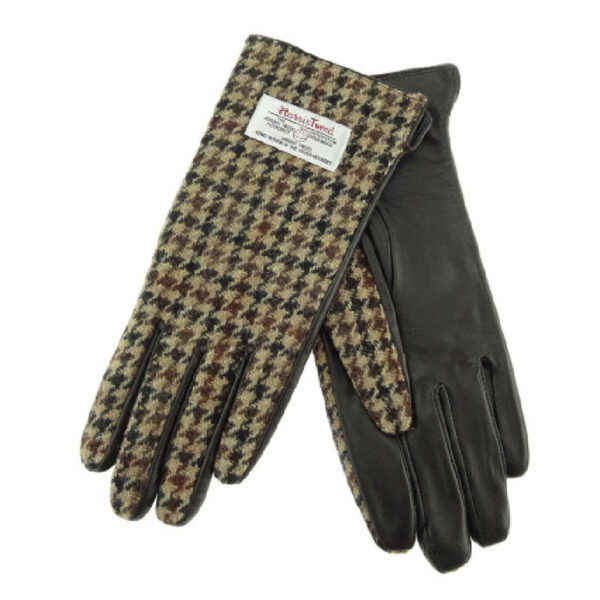 Ladies Brown Leather & Harris Tweed Gloves in Brown Dogtooth