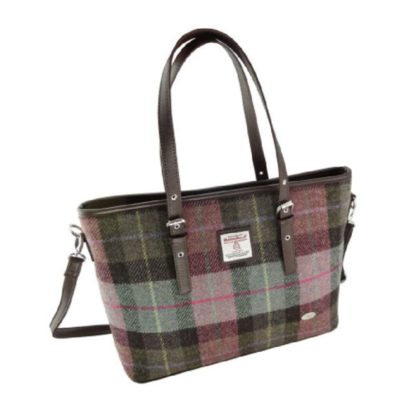 Harris Tweed 'Spey' Tote Bag' In Muted Green & Rose Pink Tartan