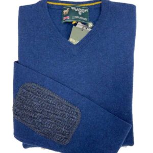 Pullover Lambswool "Jack" Met Harris Tweed Details In Denim Blue