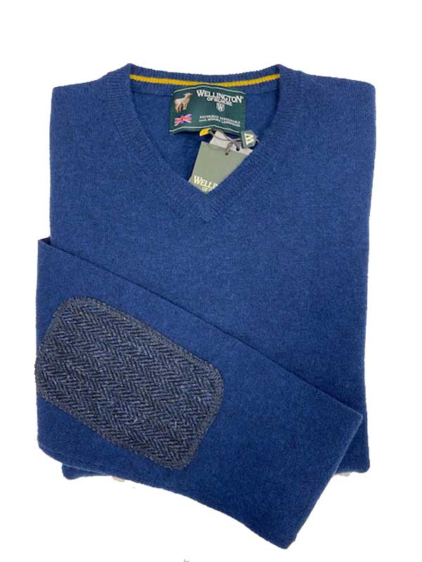 Pullover Lambswool "Jack" Met Harris Tweed Details In Denim Blue