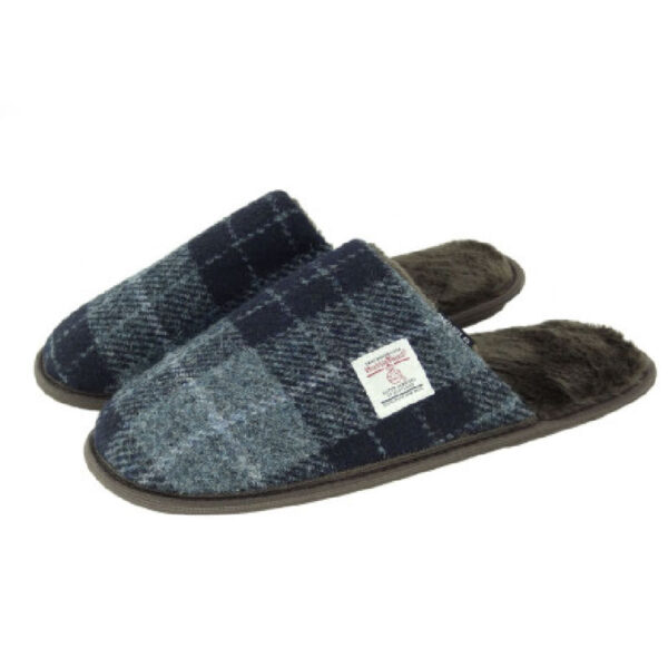 Harris Tweed Slippers In Grey & Black Tartan