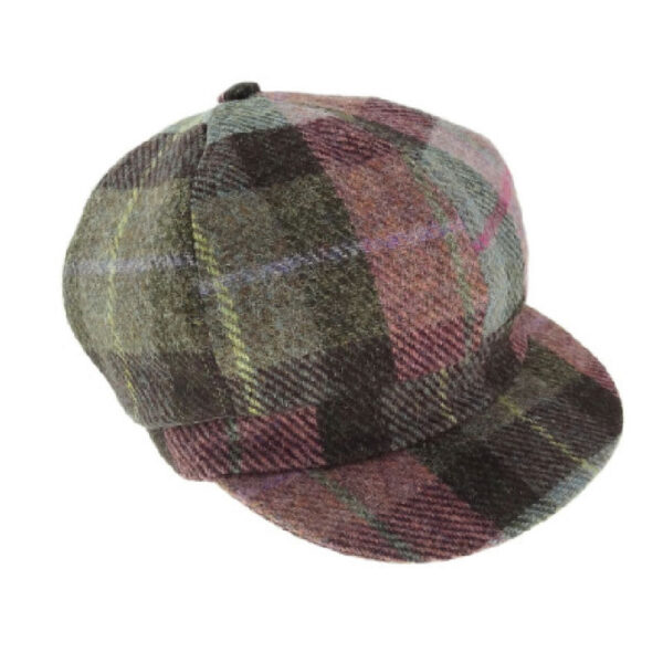 Harris Tweed Ladies One-Size Cap in Muted Green & Rose Tartan