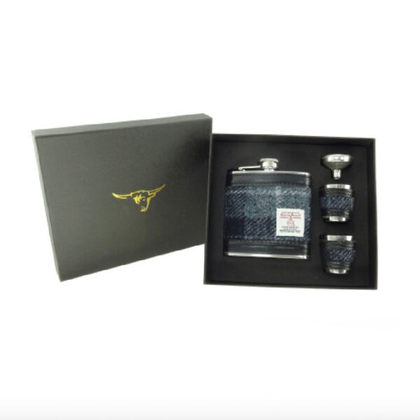 Harris Tweed Hip Flask Gift Set in Grey & Black Tartan