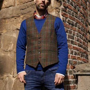 Harris Tweed Vestje "Tailor" Zonder Revers In Red-Blue Check