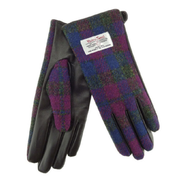 Ladies Brown Leather & Harris Tweed Gloves in Heather Check