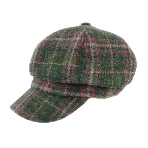 Harris Tweed Ladies One-Size Cap in Dark Green & Plum Check