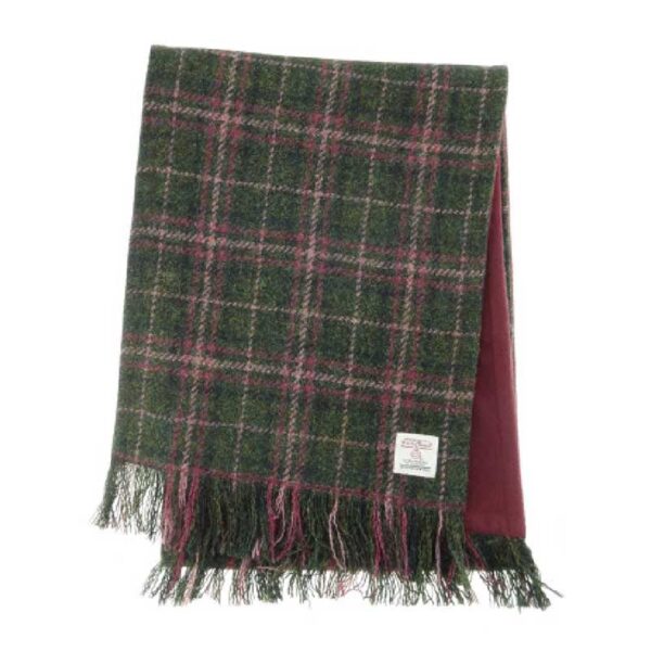 Harris Tweed Scarf In Dark Green & Plum Check