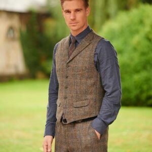 Harris Tweed Vestje "Wales" Met Revers In Green-Blue Herringbone