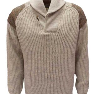Chunky knit Shawl Collar Sweater with Harris Tweed patches Light Grey Welsh