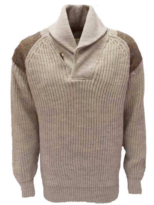 Chunky knit Shawl Collar Sweater with Harris Tweed patches Light Grey Welsh