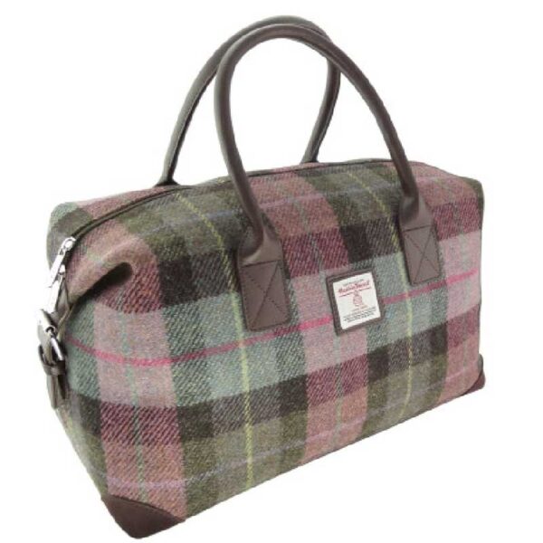Harris Tweed 'Esk' Overnight Bag in Muted Green & Rose Pink Tartan
