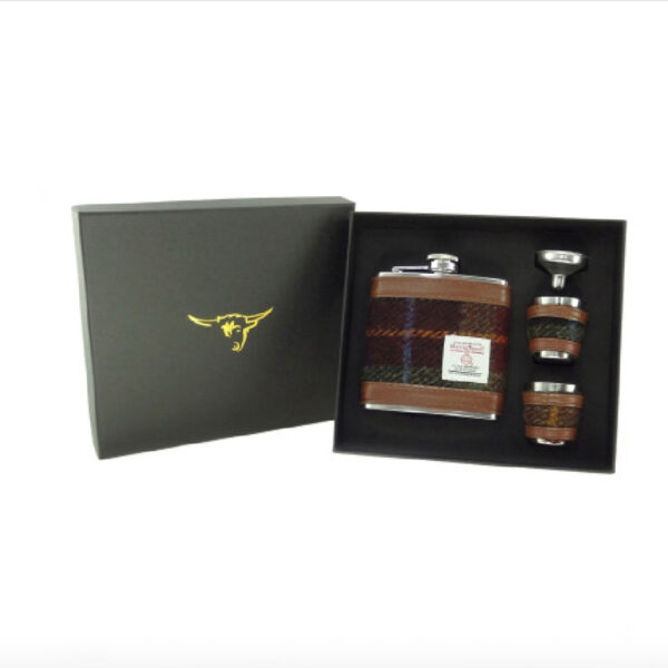 Harris Tweed Hip Flask Gift Set in Rust Check