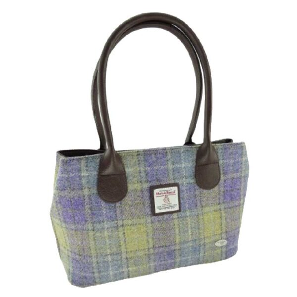Harris Tweed 'Cassley' Classic Handbag in Muted Lilac & Lime Green Tartan