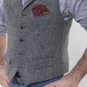 Harris Tweed Vestje "Wales" Met Revers In Black Herringbone