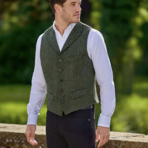 Harris Tweed Vestje "Wales" Met Revers In Green Island Herringbone