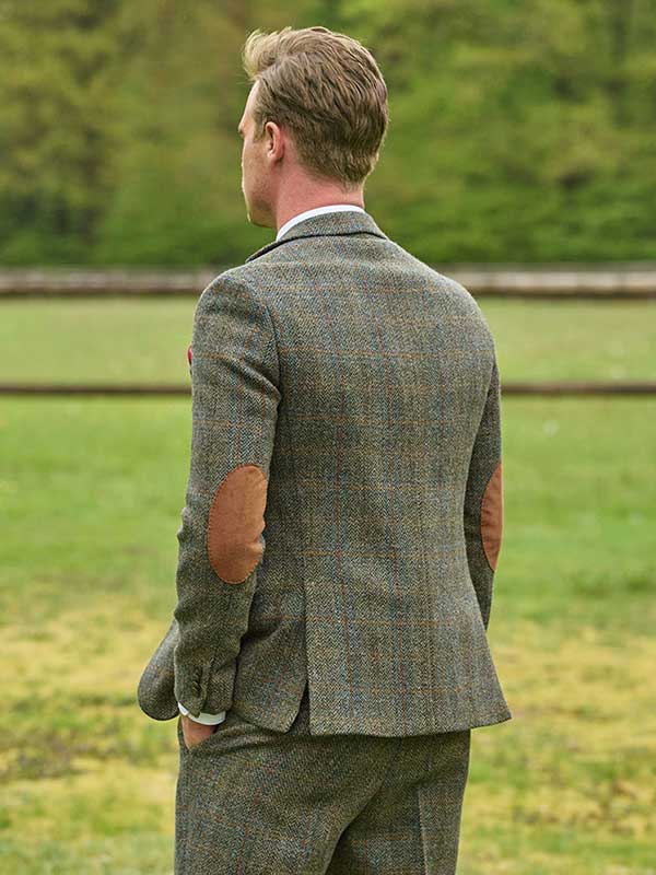 Harris Tweed Jacket "London" In Oliv-Blue Overcheck