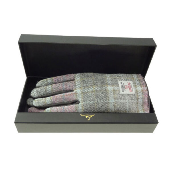 Ladies Brown Leather & Harris Tweed Gloves Boxed in Soft Pink Buchanan