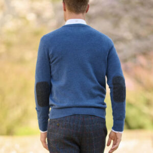 Pullover Lambswool "Jack" Met Harris Tweed Details In Denim Blue