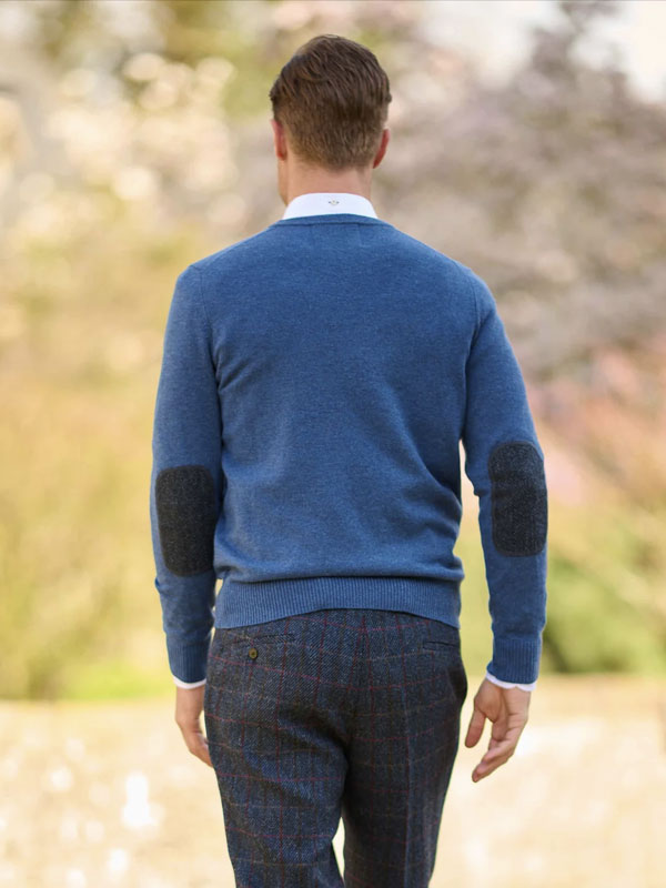 Pullover Lambswool "Jack" Met Harris Tweed Details In Denim Blue