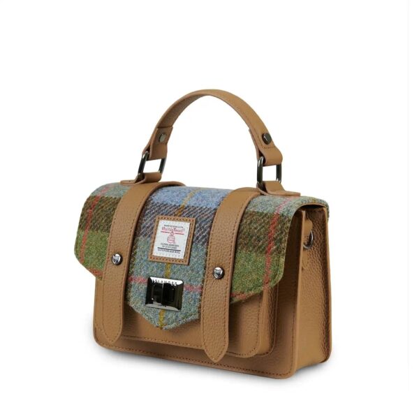 Harris Tweed Clutch, The Leather Mini Satchel, Islander, Chestnut Blue Tartan