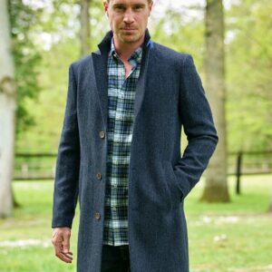 Harris Tweed Overjas "Barney" In Blue Herringbone