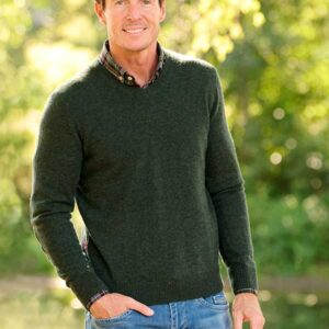 Pullover Lambswool "Jack" Met Harris Tweed Details In Forest Green