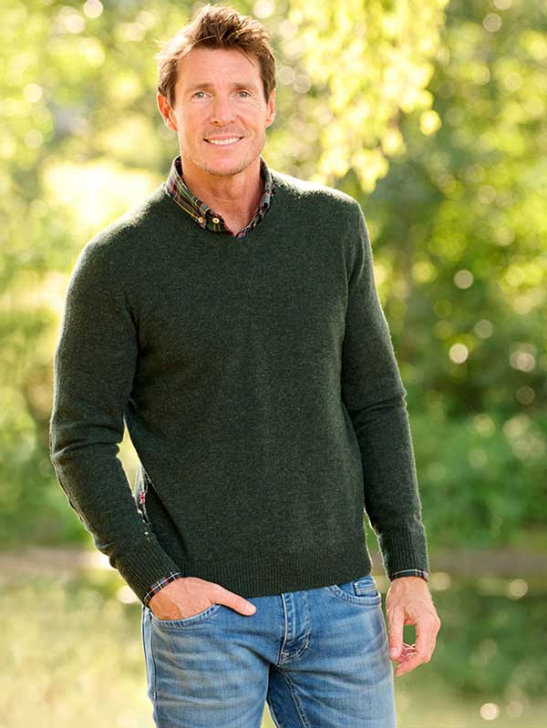 Pullover Lambswool "Jack" Met Harris Tweed Details In Forest Green