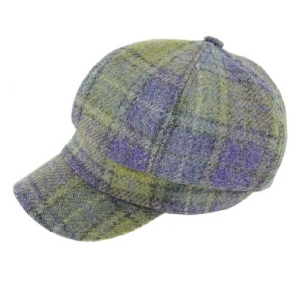 Harris Tweed Ladies One-Size Cap in Muted Lilac & Lime Green Tartan