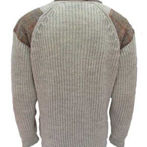 Chunky knit Shawl Collar Sweater with Harris Tweed patches Light Grey Welsh