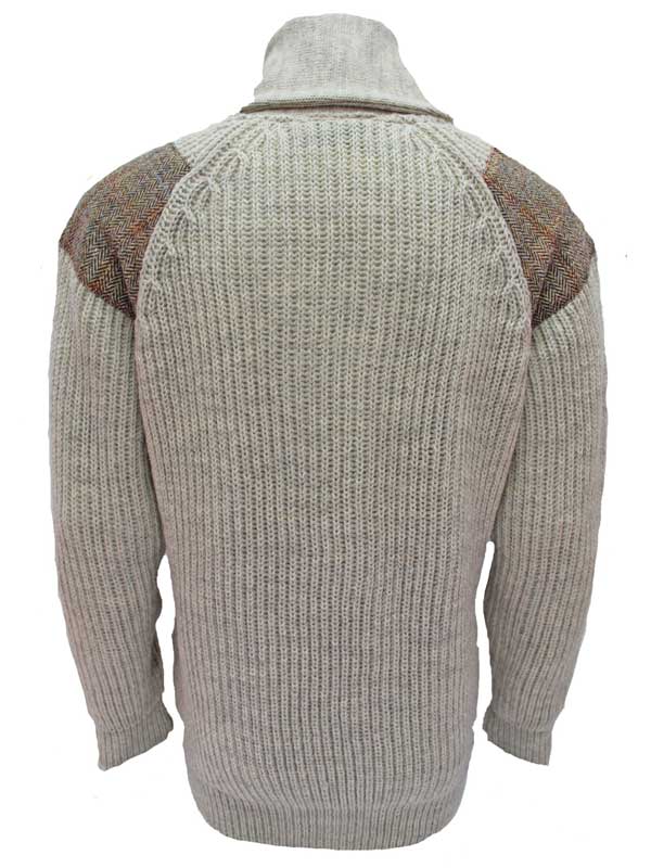 Chunky knit Shawl Collar Sweater with Harris Tweed patches Light Grey Welsh