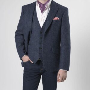 Harris Tweed Jacket "London" In Blue Herringbone