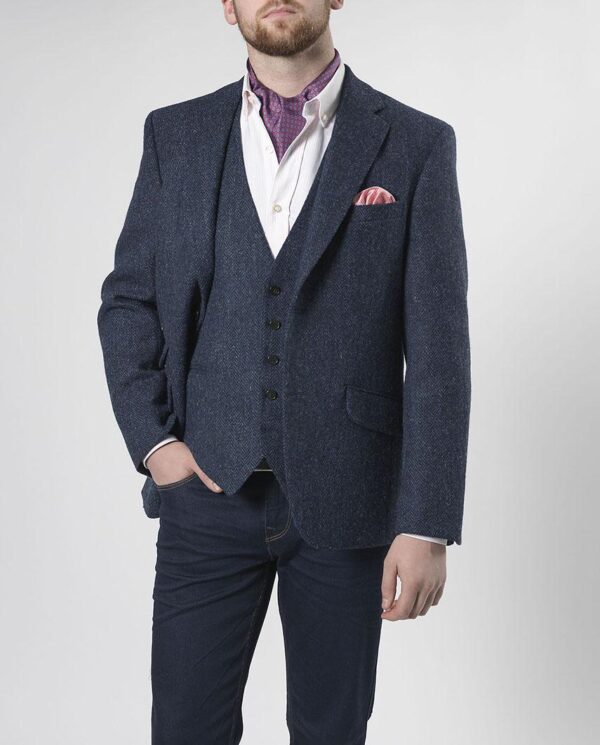 Harris Tweed Jacket "London" In Blue Herringbone