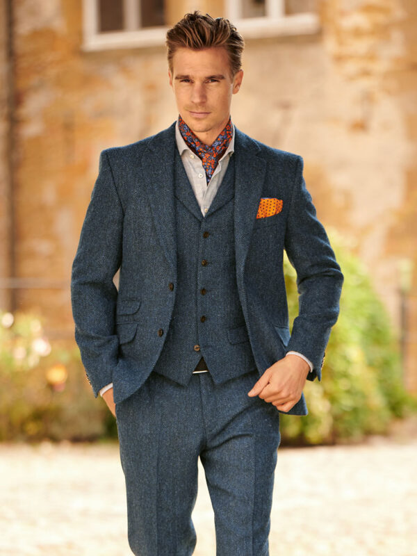 Harris Tweed Jacket "London" In Blue Herringbone