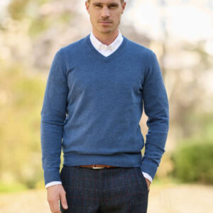 Pullover Lambswool "Jack" Met Harris Tweed Details In Denim Blue