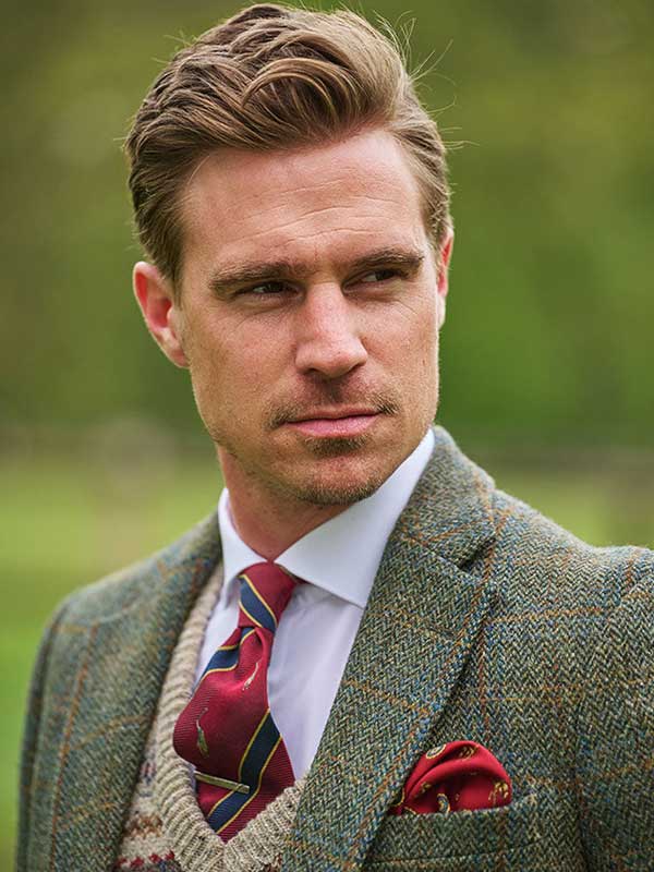 Harris Tweed Jacket "London" In Oliv-Blue Overcheck