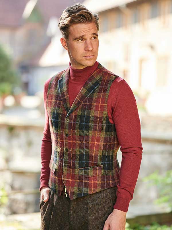 Harris Tweed Vestje "Wales" Met Revers In Check Of Island