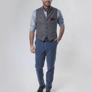 Harris Tweed Vestje "Wales" Met Revers In Black Herringbone