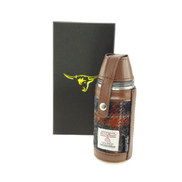 Harris Tweed Hunting Flask In Grey with Rust Overcheck