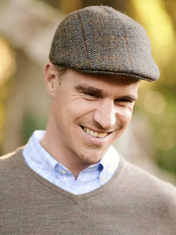 Harris Tweed Flat Cap "Henry" In Green-Blue Herringbone