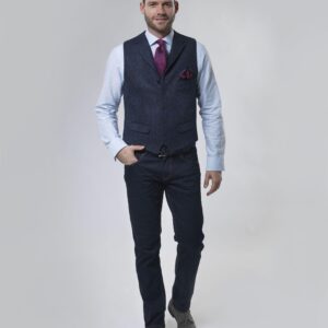 Harris Tweed Vestje "Wales" Met Revers In Blue Herringbone