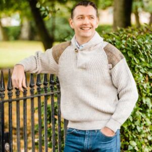 Chunky knit Shawl Collar Sweater with Harris Tweed patches Light Grey Welsh