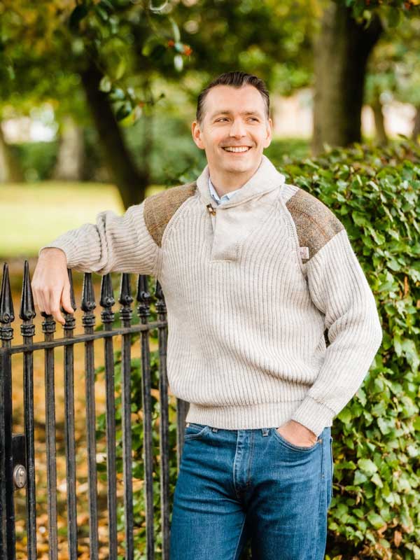 Chunky knit Shawl Collar Sweater with Harris Tweed patches Light Grey Welsh
