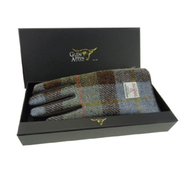 Ladies Brown Leather & Harris Tweed Gloves Boxed in MacLeod Tartan