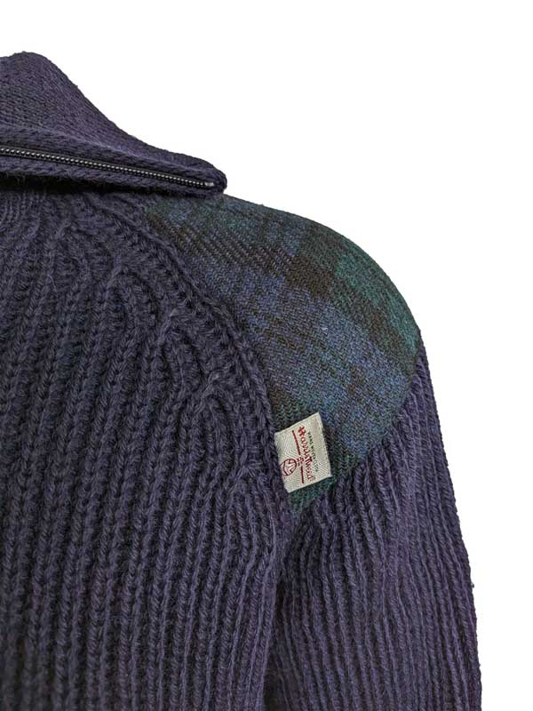 Zip sweater with Harris Tweed patches Navy